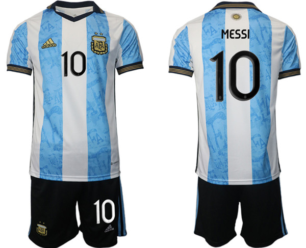 Men's Argentina #10 Messi White/Blue Home Soccer Jersey Suit